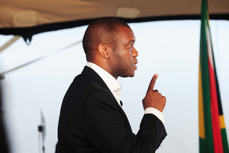 Songezo Zibi, leader of Rise Mzansi, speaks during a launch event for the new political party in the Braamfontein district of Johannesburg on April 19 2023. Picture: BLOOMBERG/LEON SADIKI