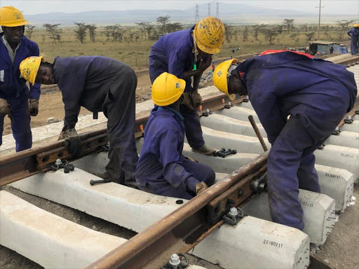 SGR workers laying the Nairobi-Naivasha track on August 16, 2018