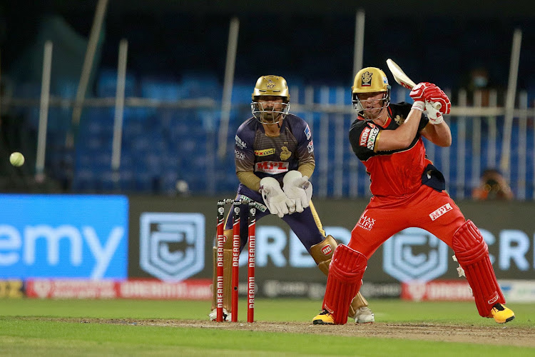 AB de Villiers of Royal Challengers Bangalore plays a shot during the Indian Premier League match against Kolkata Knight Riders at the Sharjah Cricket Stadium, in the United Arab Emirates on October 12, 2020.