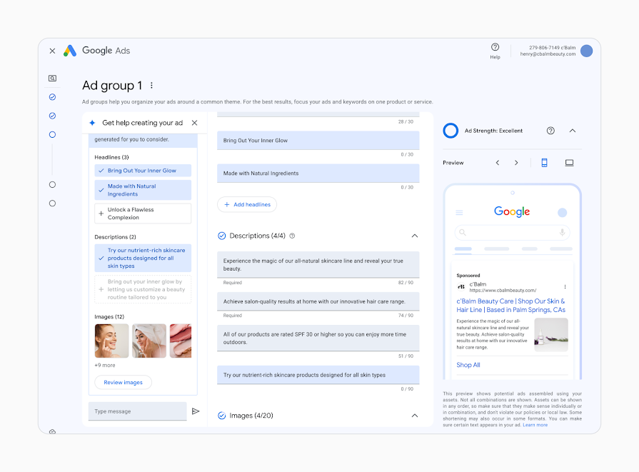Screenshot of the conversational experience in the Google Ads UI