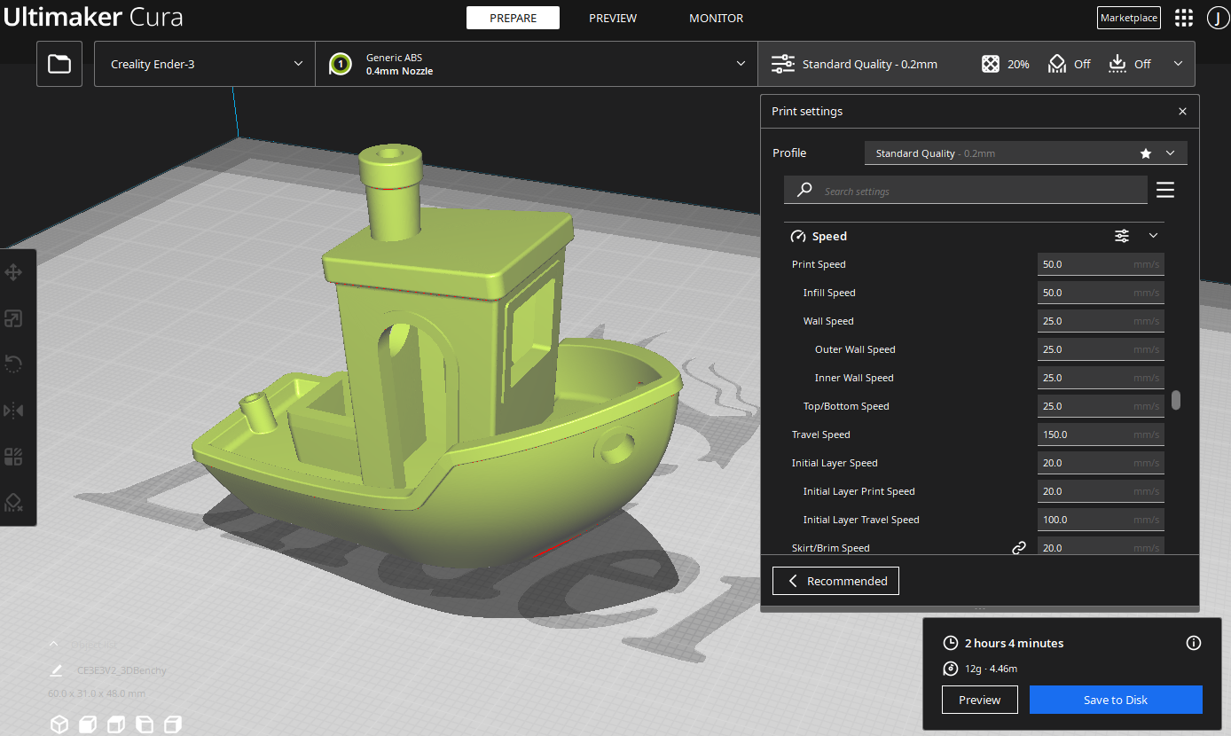 travel speed 3d printing