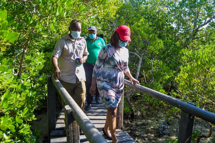 Jane Waiyaki Maina (Head of Responsible Business Partnerships and Sustainability, Absa Kenya) and Micah Muema (Environmental Programmes Superintendent, Base Titanium Kwale) walk through the newly refurbished Gazi Mangrove Conservancy Boardwalk made from recyclable plastics and metal.