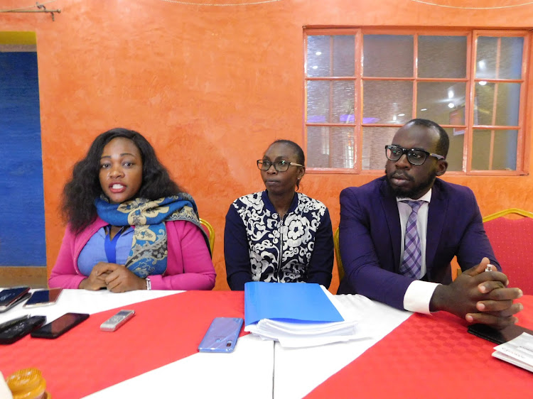 MCK officials Dinah Ondari,Geradine Mukala and Minishi Bavon during a meeting with Nyandarua journalists at Royal Garden Hotel,Ol Kalou,on Tuesday