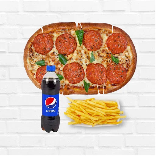 Chicken Pepperoni Pizza + Pepsi + Fries.