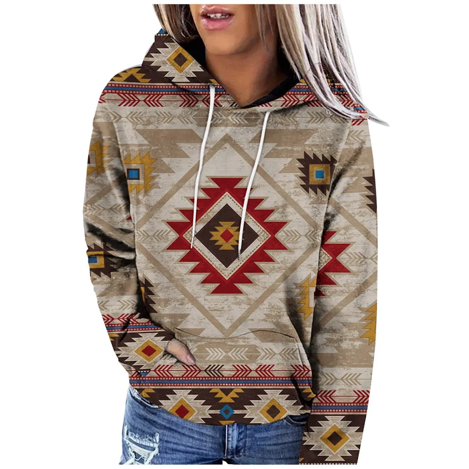 Dames hoodie met multicolor 3D retro print, zakken en trekkoord, ideaal voor sporten en casual wear.
