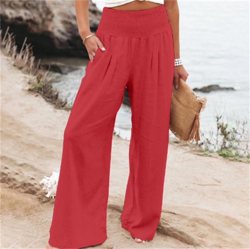 Damen Casual Wide Leg Baumwolle Leinen Loose Trousers, Weite Hosen für Frauen, Bequeme Freizeithose, Sommerliche Mode, Lockerer Schnitt