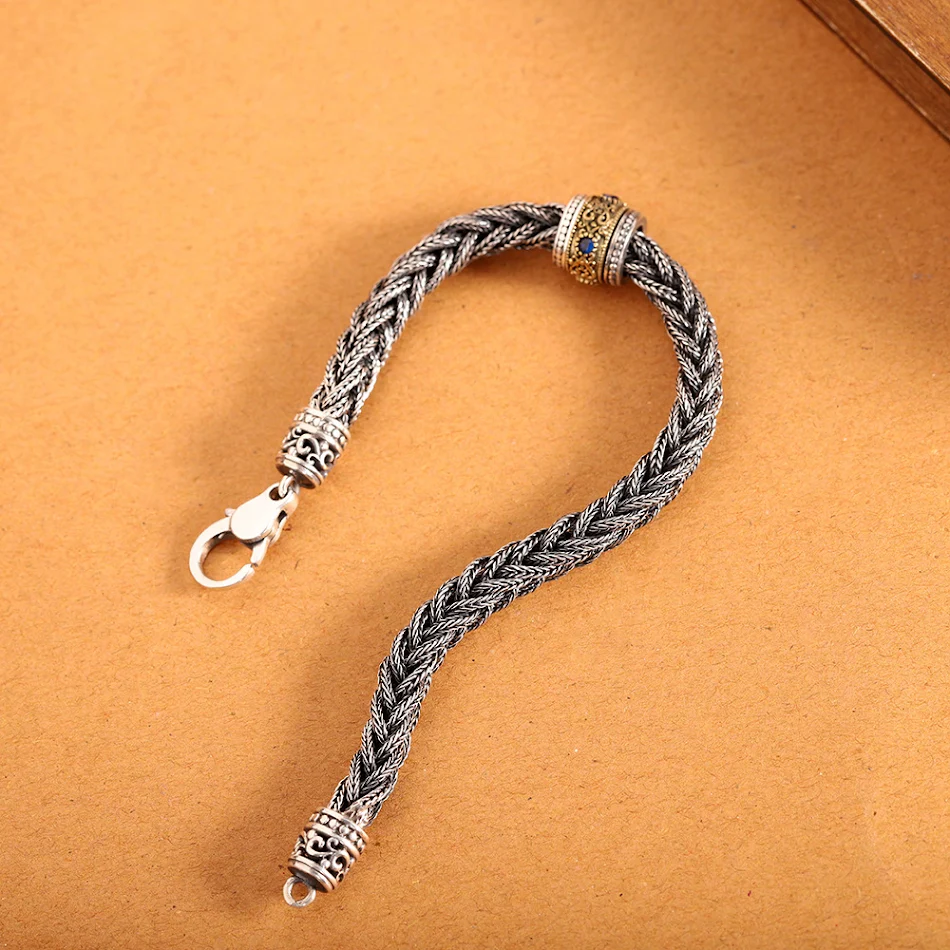 S925 Thai Silber Retro Armband mit drehbarem Sechs-Wort-Mantra, Used-Look. Einzigartiges Design für Glück, Meditation und spirituelles Wohlbefinden.