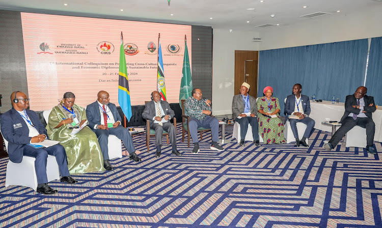 Former President Uhuru Kenyatta among other leaders during the 1st International Colloquium in Tanzania on February 20,2024.