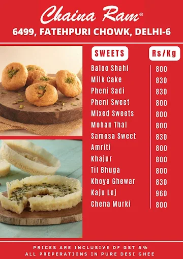 Chaina Ram Sindhi Confectioners menu 