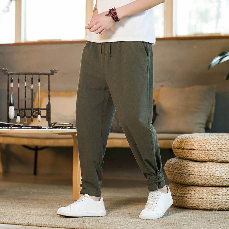 Printemps et automne rétro décontracté couleur unie boucle cheville pantalon à bandes