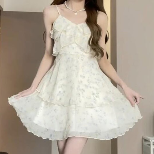 Title 4, White Chiffon Flower Strap Dress, a lightweight...