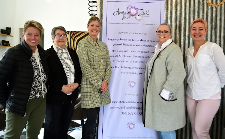 Janine Lee (left), Anna Tait, Kathy Strasters, Lindsay Ziehl and Sharon Jessop, at the launch of the Andrew Ziehl Foundation for survivors of abuse in Gqeberha on Thursday