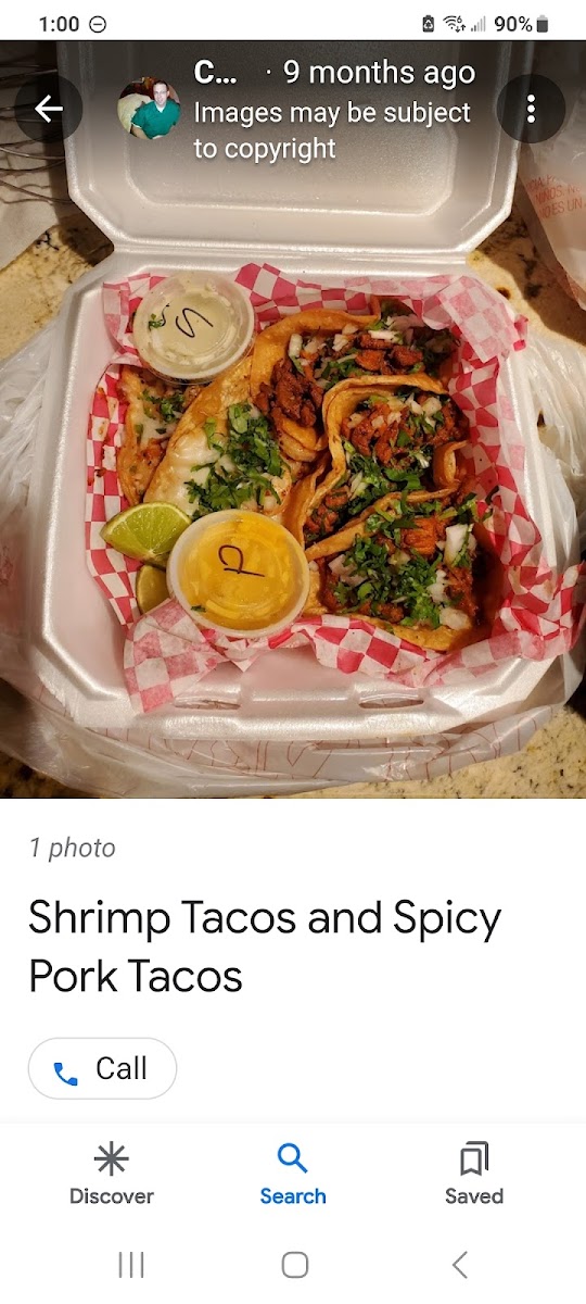 Shrimp and Spicy Pork Tacos.