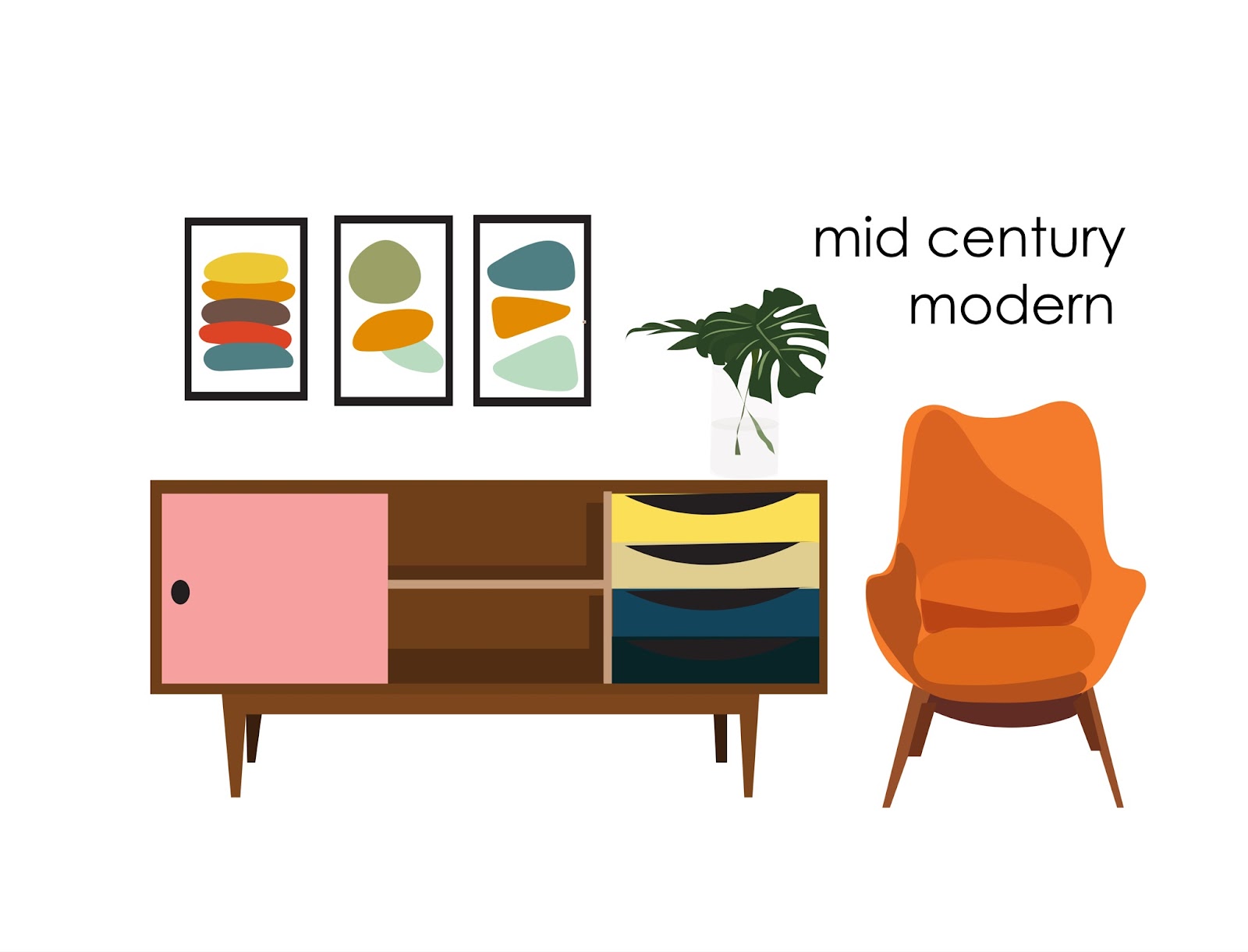 Mid-century modern interior design illustration featuring modern geometrical art, a sleek-lined low profile credenza with a mix of natural wood and colored cabinetry doors and drawers and a tangerine modern shell-shaped chair