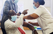 President Cyril Ramaphosa has his Covid-19 vaccination at Khayelitsha District Hospital in Cape Town on February 17 2021.