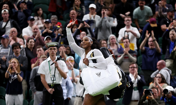 Serena Williams of The US waves to the crowd after losing against Harmony Tan of France in their first round match on day two of The Championships Wimbledon 2022 at the All England Lawn Tennis and Croquet Club in London on June 28 2022.