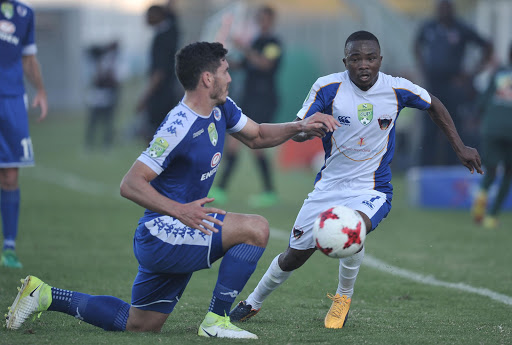 Michael Boxall of Supersport United and Paseka Mako of Chippa United during the 2017 Nedbank Cup semifinal game between Chippa United and Supersport United at Sisa Dukashe Stadium, East London on 20 May 2017. Luigi Bennett/BackpagePix