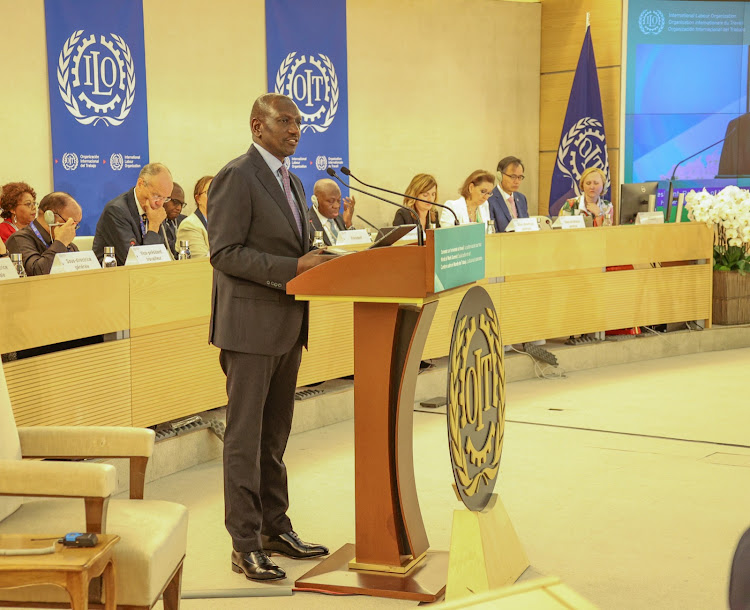 President William Ruto giving a key address at the International Labour Conference in Geneva, Switzerland on June 15, 2023