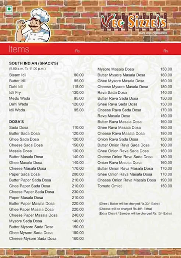 Veg Sizzel's menu 