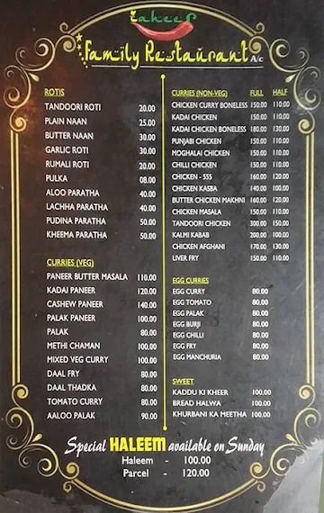 Zaheer Family Restaurant menu 