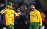 SA bowler Tabraiz Shamsi celebrates after taking the wicket of England's Sam Curran in the second T20 at Sophia Gardens in Cardiff, Wales on July 28 2022.