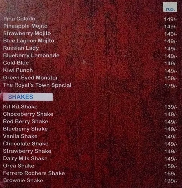 The Royal Town menu 