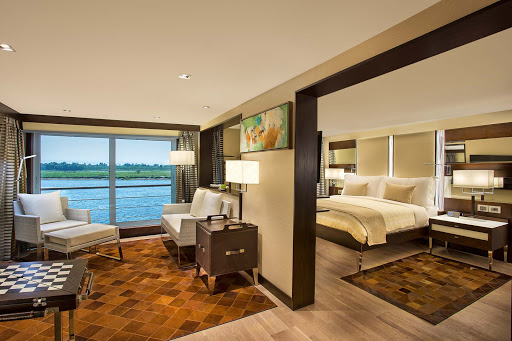 A look at one of the 590-square-foot Luxury Suites in the Nile River cruiser Oberoi Philae.