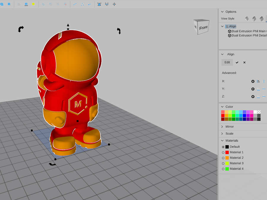 With multiple extrusion 3D models, simply select all your parts, align them to their origin, and select which extruder should print it.