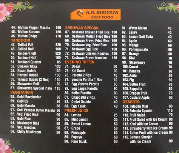 RR Biryani menu 