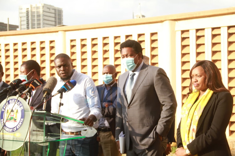 Chairman of 12-member select committee Johnson Sakaja addresses the media outside Senate chambers on August.26, 2020.