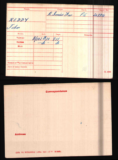 John Reddy Medal Index Card