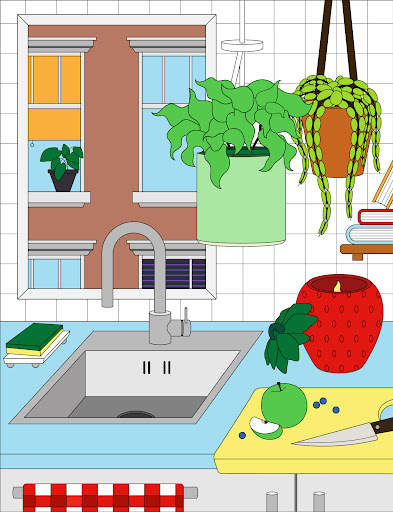 A cartoon drawing of a sink with two flower vases hanging from the ceiling and a strawberry candle on the counter.