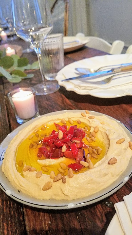 Breaking Breads Dinner Series Pop Up Shabbat, Sides of 2 kinds of Hummus and Israeli Pickles and Olives