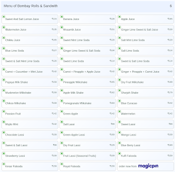Bombay Rolls & Sandwith menu 