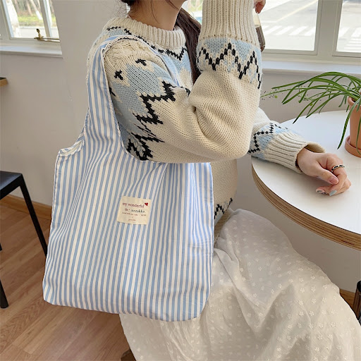 Title 10, New Large Capacity Striped Canvas Bag Women Per...