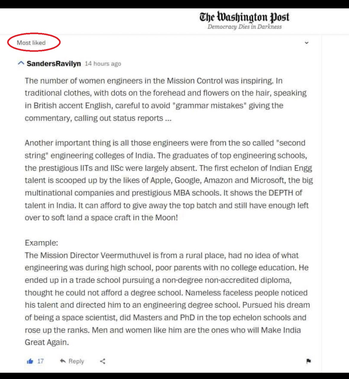 Reader’s comment falsely shared as a Washington Post article praising Chandrayaan-3 engineers and India’s depth of talent.