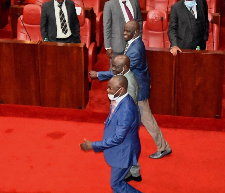 From left: Minority Whip Peter Imwatok, Deputy Speaker Geoffrey Majiwa and Ruai MCA John Kamangu at the Nairobi County Assembly on September 15, 2020.