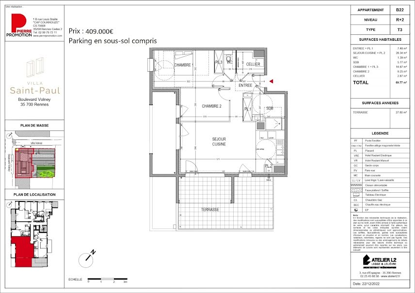 Vente appartement 3 pièces 69.77 m² à Rennes (35000), 409 000 €