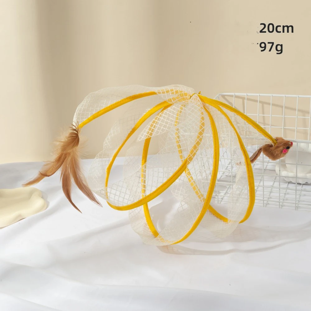 Túnel para gatos con ratón de plumas, transformable y duradero, que ofrece diversión y estimulación para tu felino.