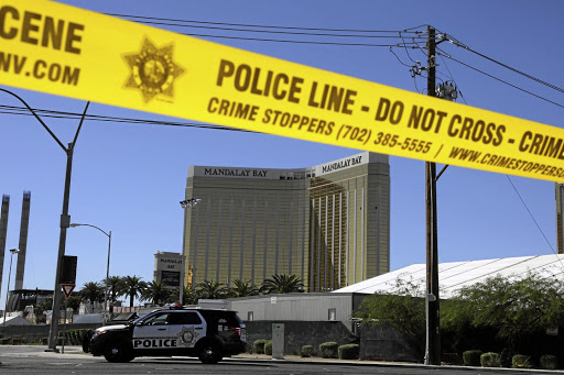 Crime scene barriers mark the site of the Route 91 music festival mass shooting, outside the Mandalay Bay Resort and Casino in Las Vegas, Nevada, in October 2017. Picture: REUTERS