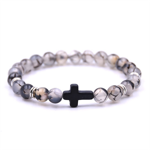 Title 4, Natural Stone Black Cross Elastic Wire Bracelet...