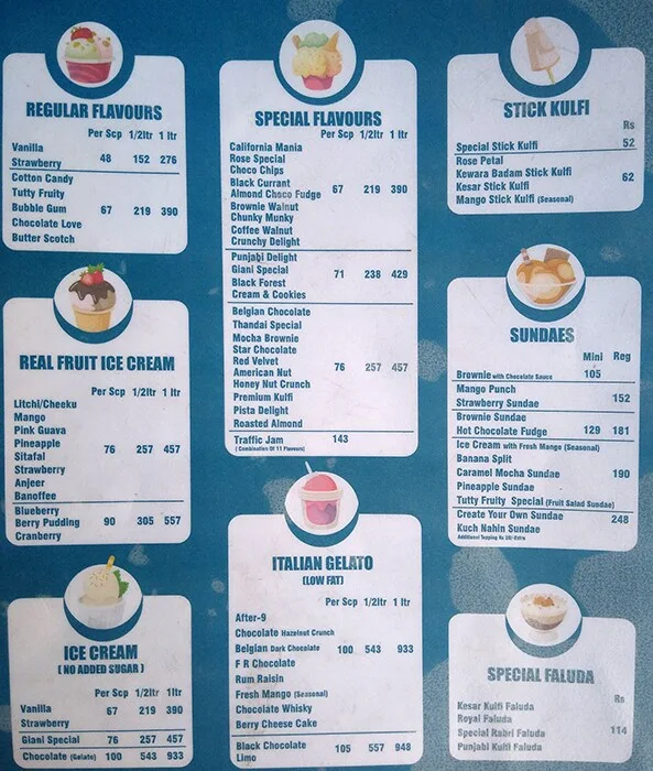 Giani's Ice Cream menu 