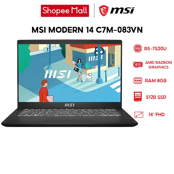 [Mã Elcl7 Giảm 7% Đơn 7Tr] Laptop Msi Modern 14 C7M - 083Vn R5 - 7530U | 8Gb | 512Gb | 14' Fhd