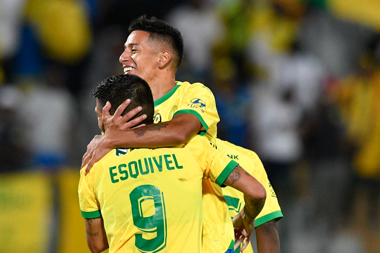 Gaston Sirino celebrates one of his three goals for Mamelodi Sundowns in their Nedbank Cup last-32 match against La Masia at Dobsonville Stadium on Tuesday night.