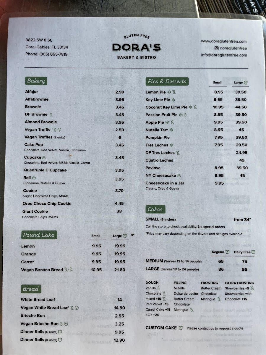 Dora's Bakery and Bistro gluten-free menu