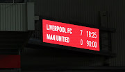 The LED scoreboard showing the scoreline of Liverpool 7 Manchester United 0 in the the Premier League match at Anfield in Liverpool on March 5 2023.