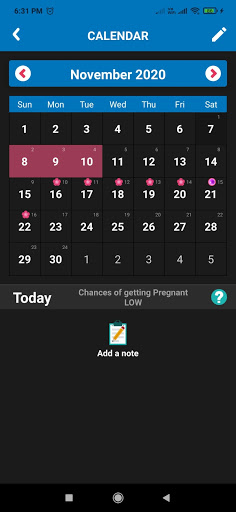 Screenshot Periods tracker calendar