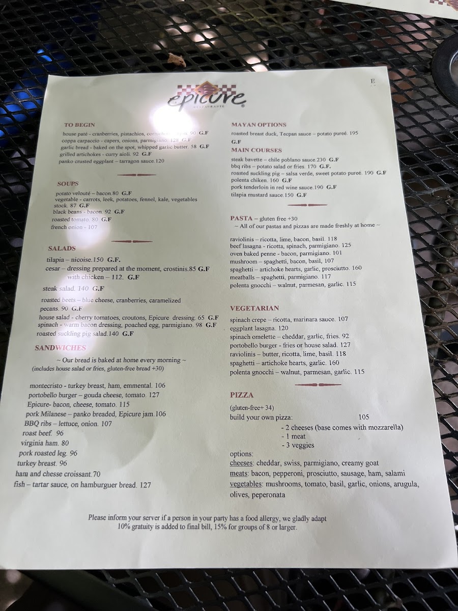 epicure gluten-free menu