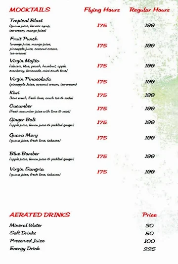 Fly Fine Dine menu 