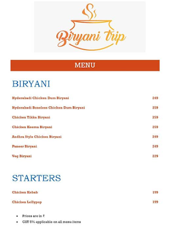 Biryani Trip - Destination Hyderabad menu 